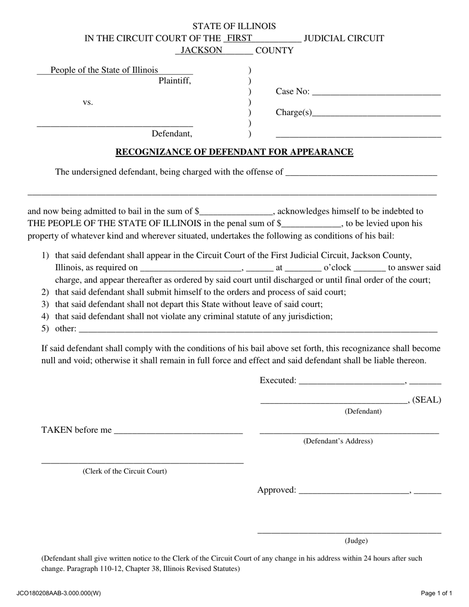 Recognizance of Defendant for Appearance - Jackson County, Illinois, Page 1