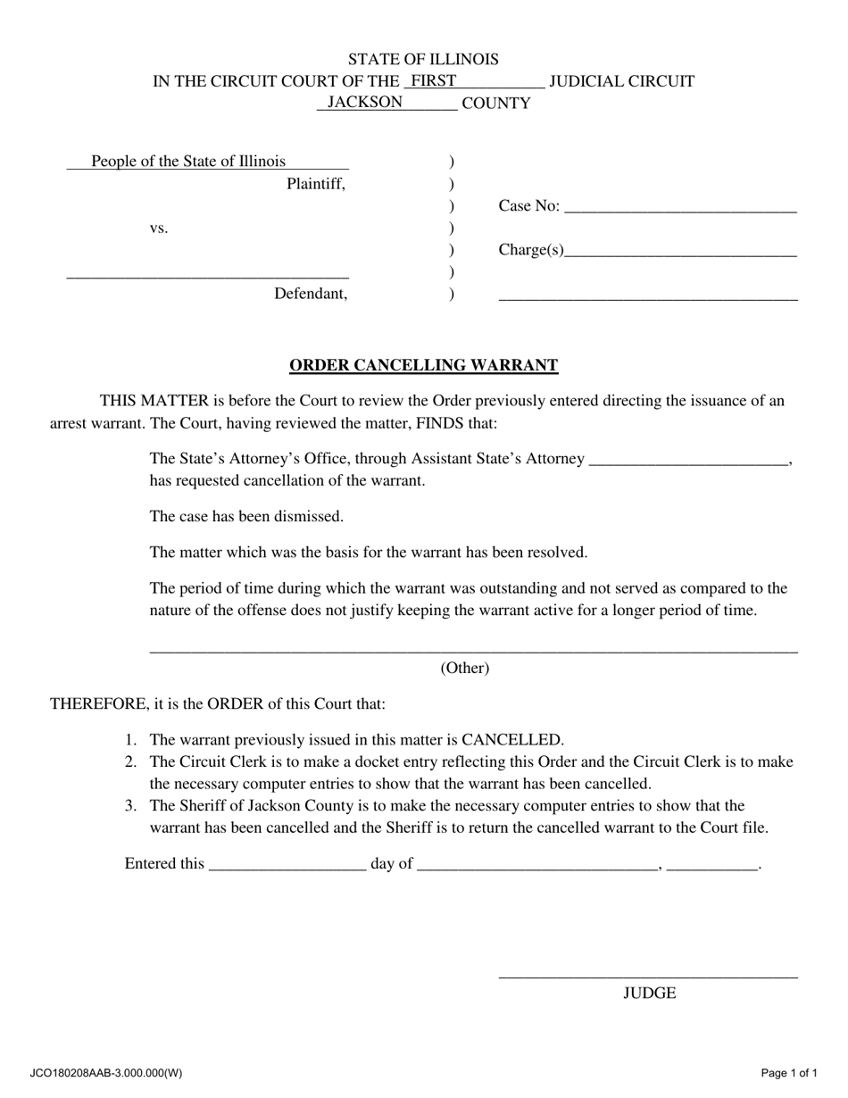 Order Cancelling Warrant - Jackson County, Illinois, Page 1