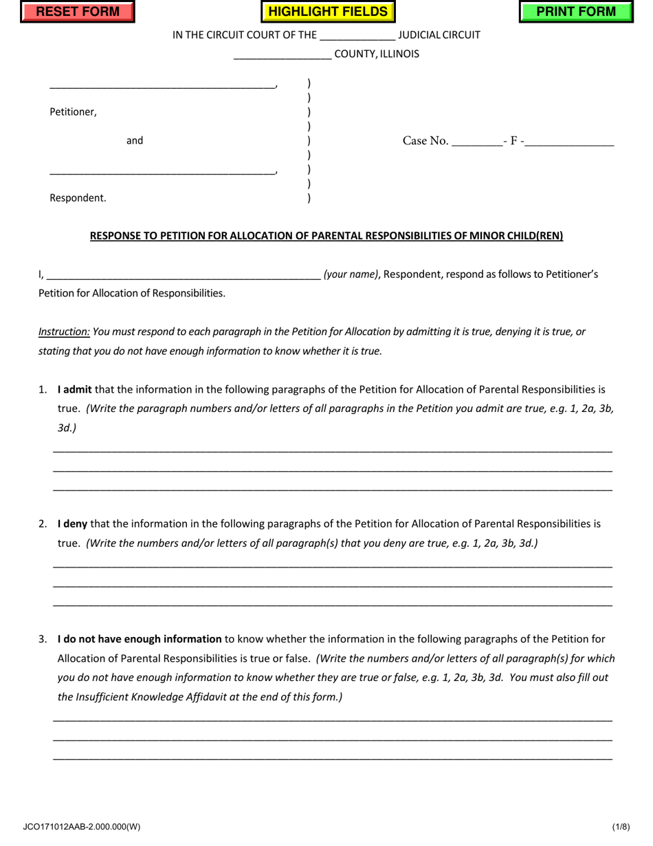 Response to Petition for Allocation of Parental Responsibilities of Minor Child(Ren) - Jackson County, Illinois, Page 1