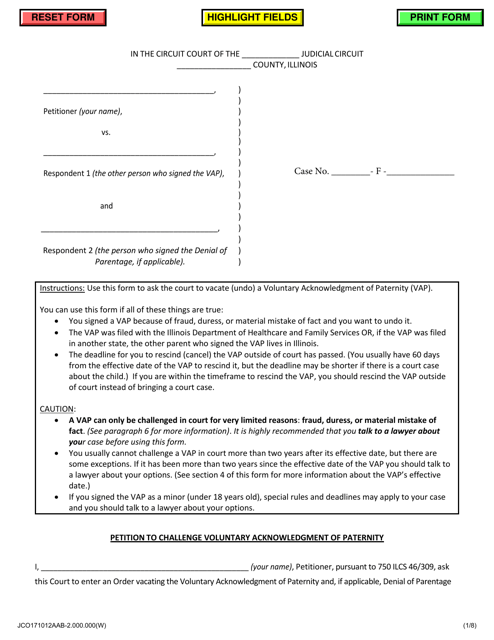 Petition to Challenge Voluntary Acknowledgment of Paternity - Jackson County, Illinois Download Pdf