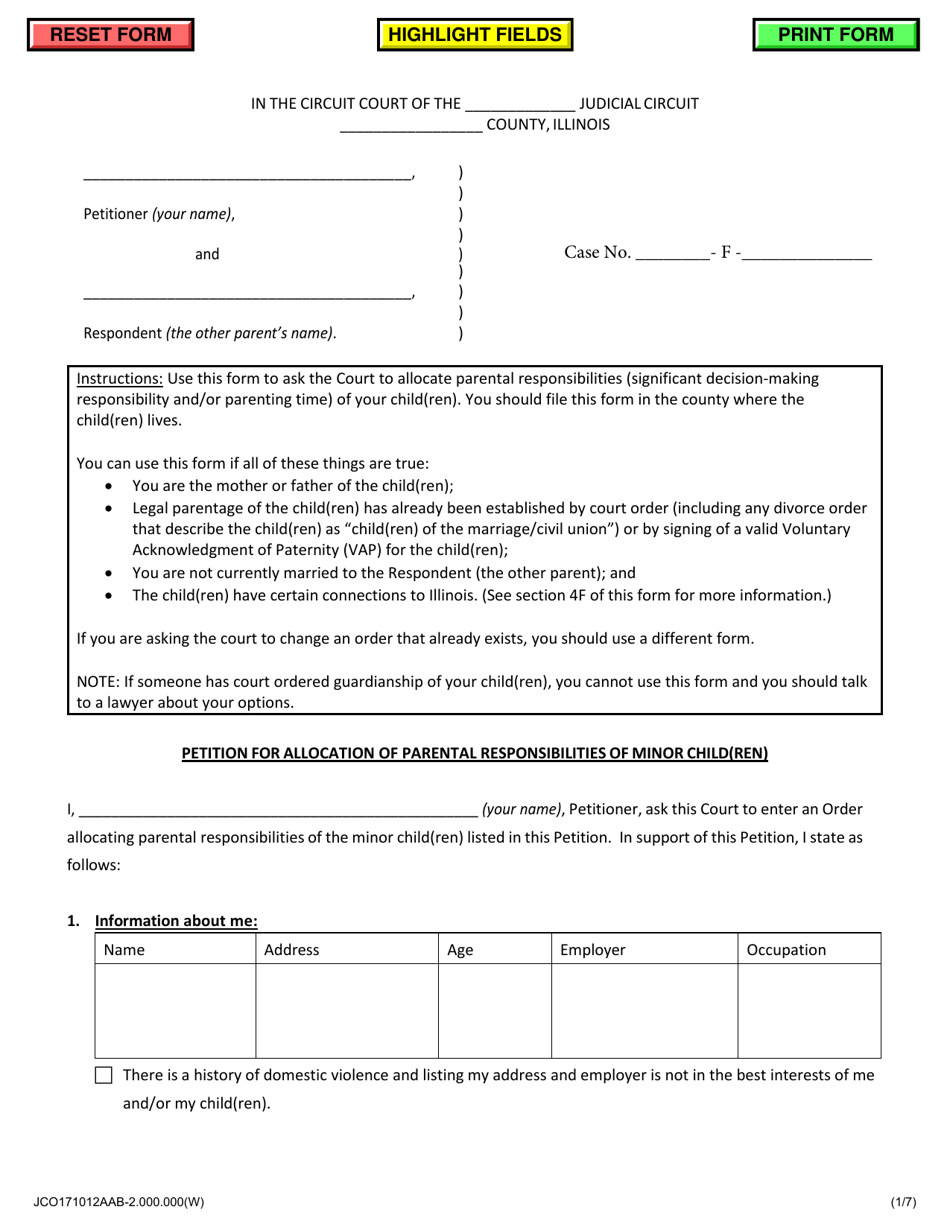 Petition for Allocation of Parental Responsibilities of Minor Child(Ren) - Jackson County, Illinois, Page 1