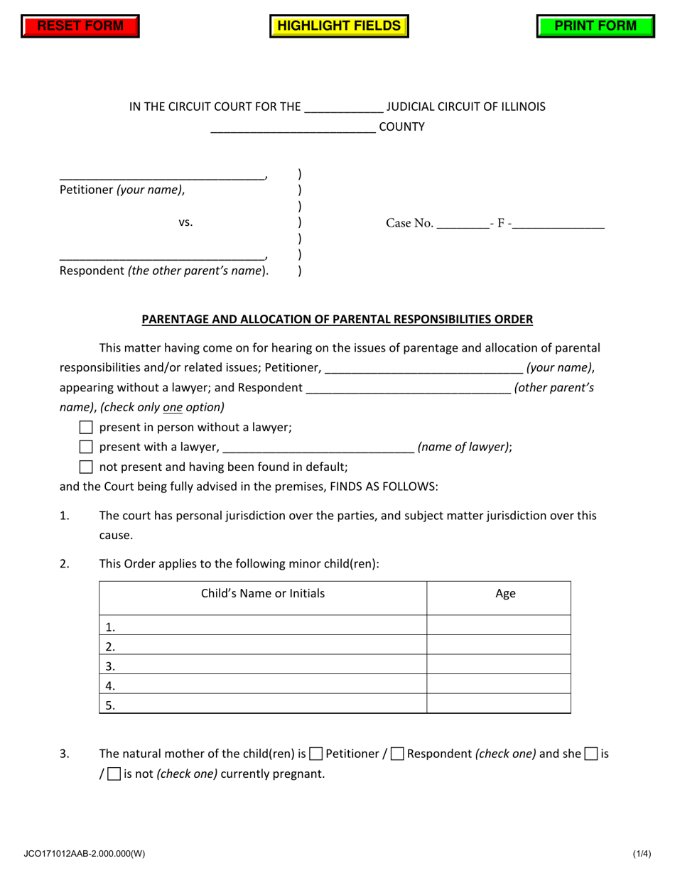 Parentage and Allocation of Parental Responsibilities Order - Jackson County, Illinois, Page 1