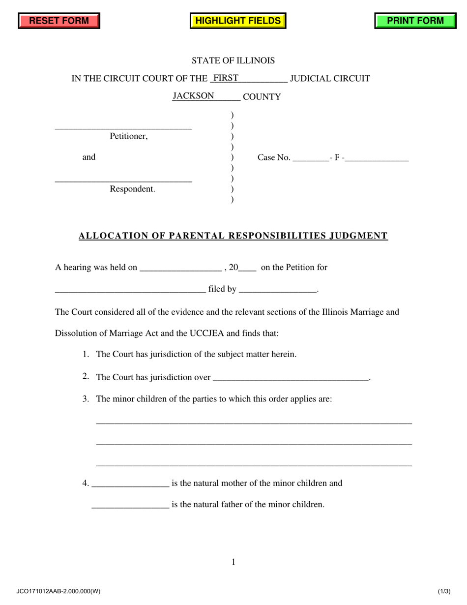 Allocation of Parental Responsibilities Judgment - Jackson County, Illinois, Page 1
