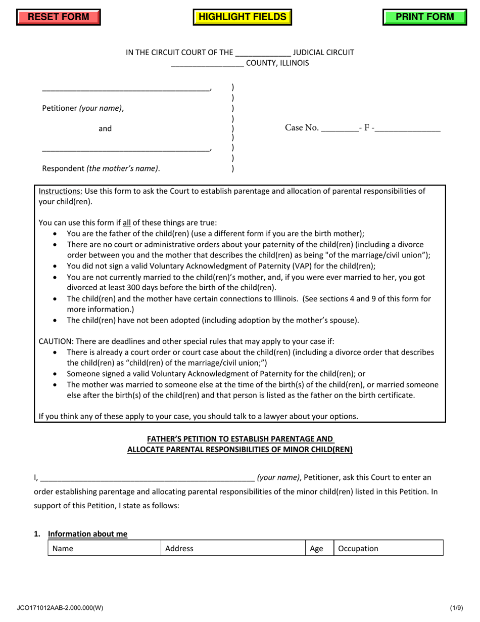 Fathers Petition to Establish Parentage and Allocate Parental Responsibilities of Minor Child(Ren) - Jackson County, Illinois, Page 1