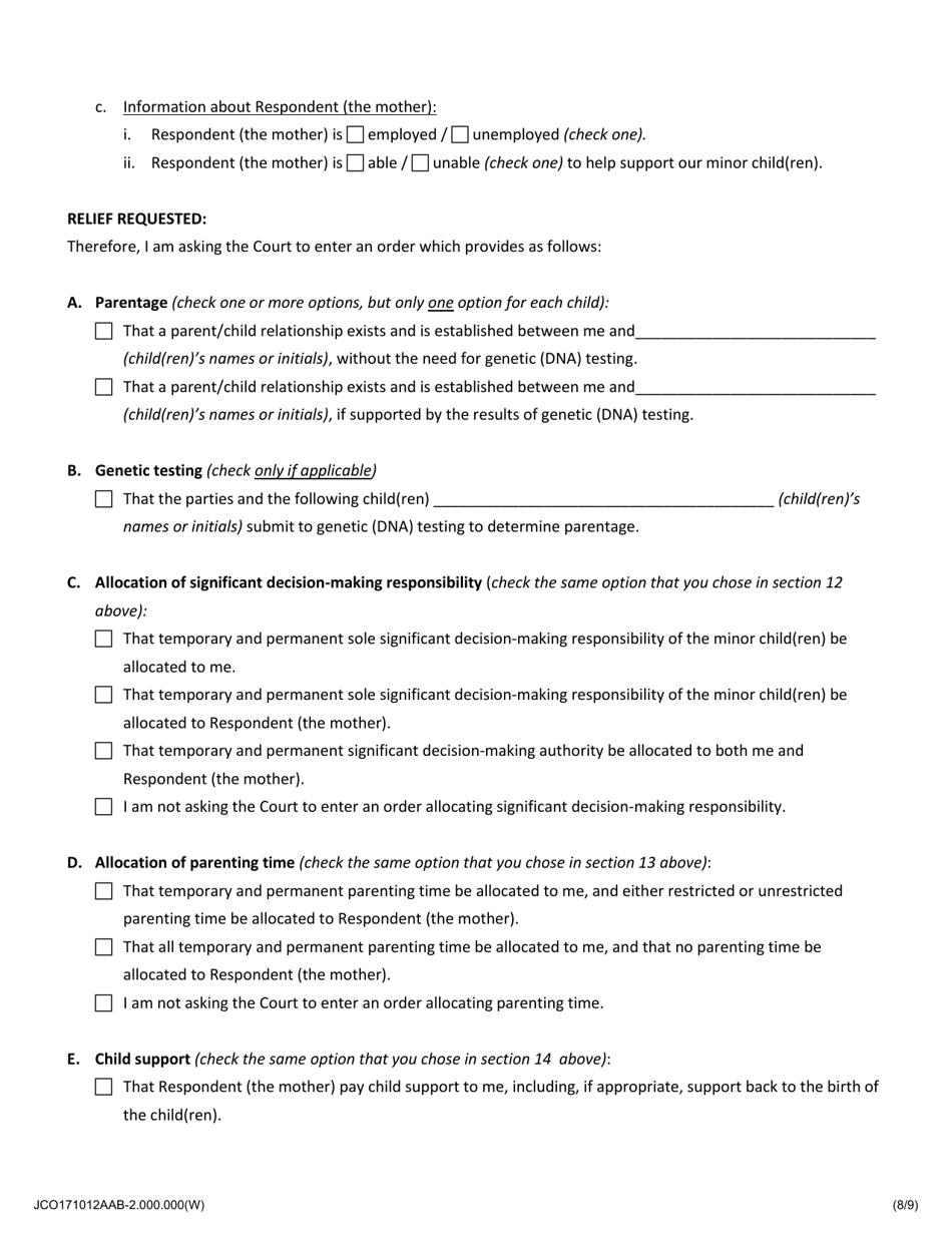 Fathers Petition to Establish Parentage and Allocate Parental Responsibilities of Minor Child(Ren) - Jackson County, Illinois, Page 8