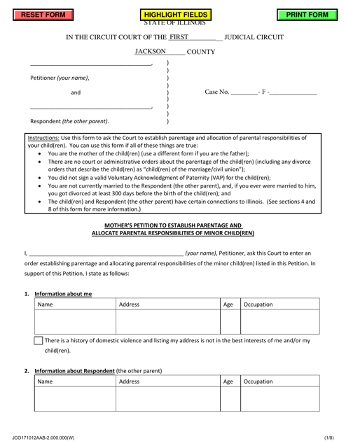 Mother's Petition to Establish Parentage and Allocate Parental Responsibilities of Minor Child(Ren) - Jackson County, Illinois Download Pdf