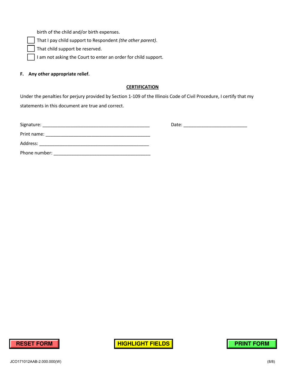 Mothers Petition to Establish Parentage and Allocate Parental Responsibilities of Minor Child(Ren) - Jackson County, Illinois, Page 8