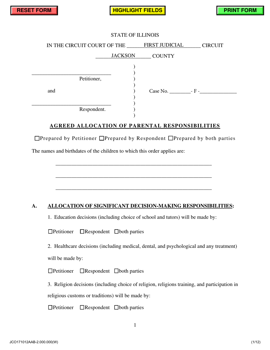 Agreed Allocation of Parental Responsibilities (No Support) - Jackson County, Illinois, Page 1