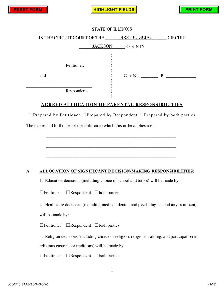 Agreed Allocation of Parental Responsibilities With Support - Jackson County, Illinois, Page 1