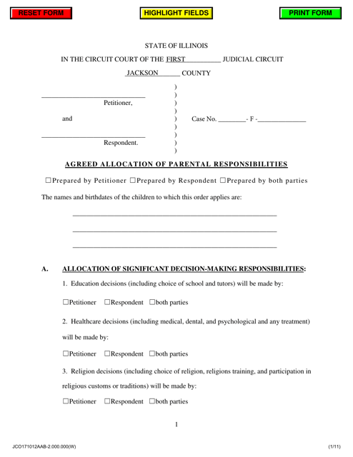 Agreed Allocation of Parental Responsibilities - Proposed by One Party - Jackson County, Illinois Download Pdf