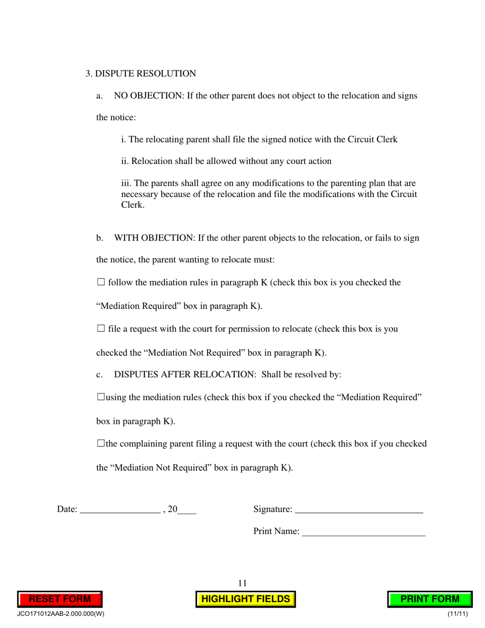 Agreed Allocation of Parental Responsibilities - Proposed by One Party - Jackson County, Illinois, Page 11