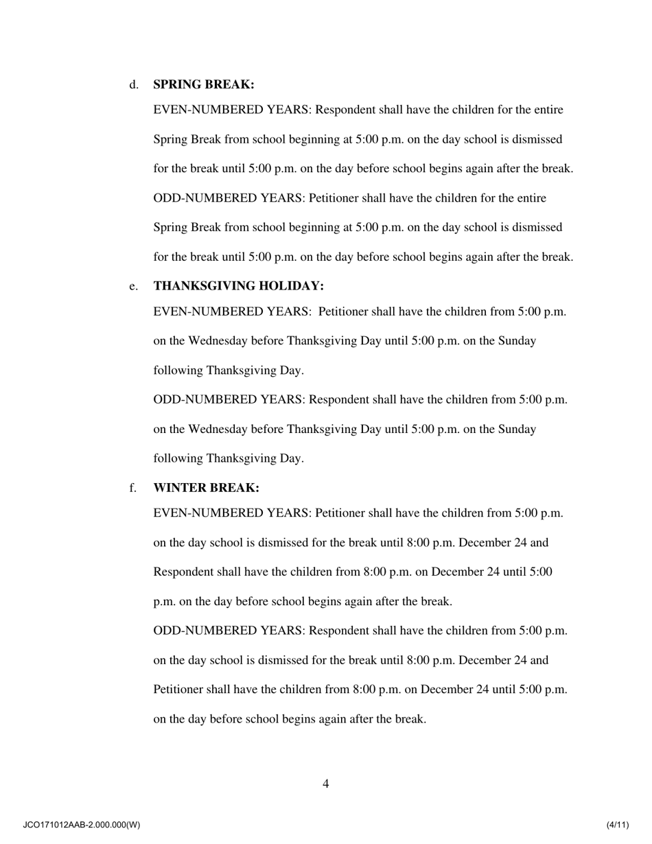Agreed Allocation of Parental Responsibilities - Proposed by One Party - Jackson County, Illinois, Page 4