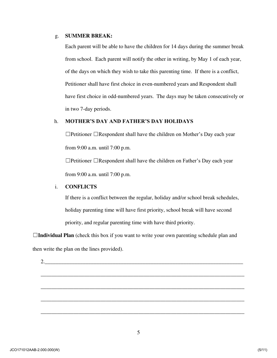 Agreed Allocation of Parental Responsibilities - Proposed by One Party - Jackson County, Illinois, Page 5