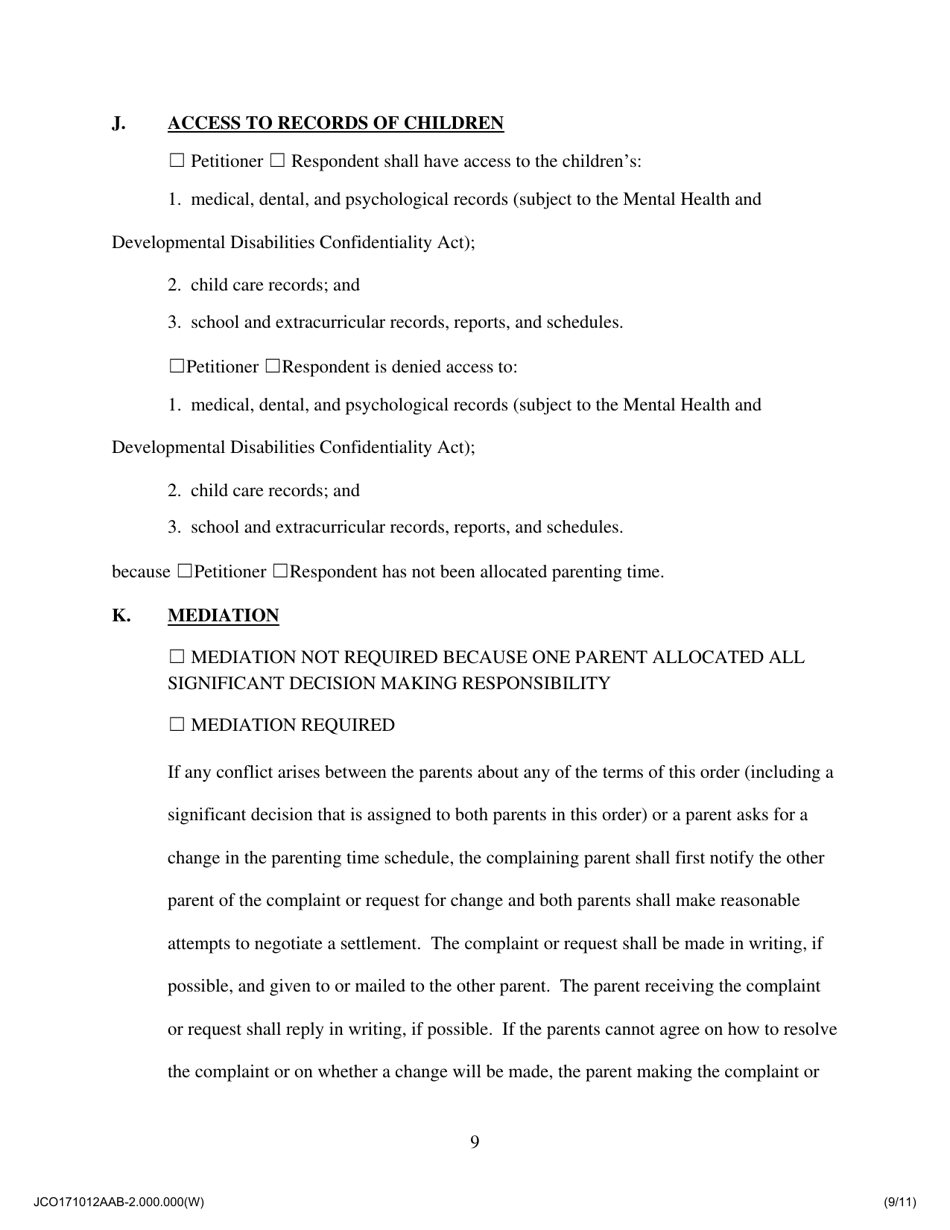 Agreed Allocation of Parental Responsibilities - Proposed by One Party - Jackson County, Illinois, Page 9