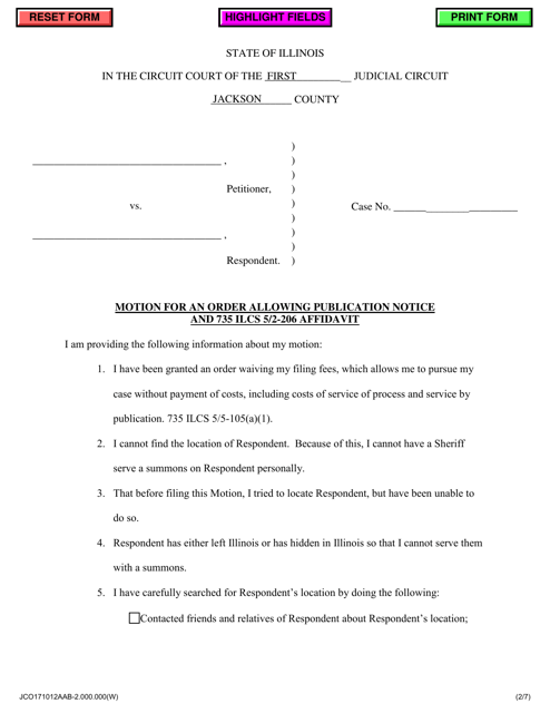 Motion for an Order Allowing Publication Notice and 735 Ilcs 5/2-206 Affidavit - Jackson County, Illinois