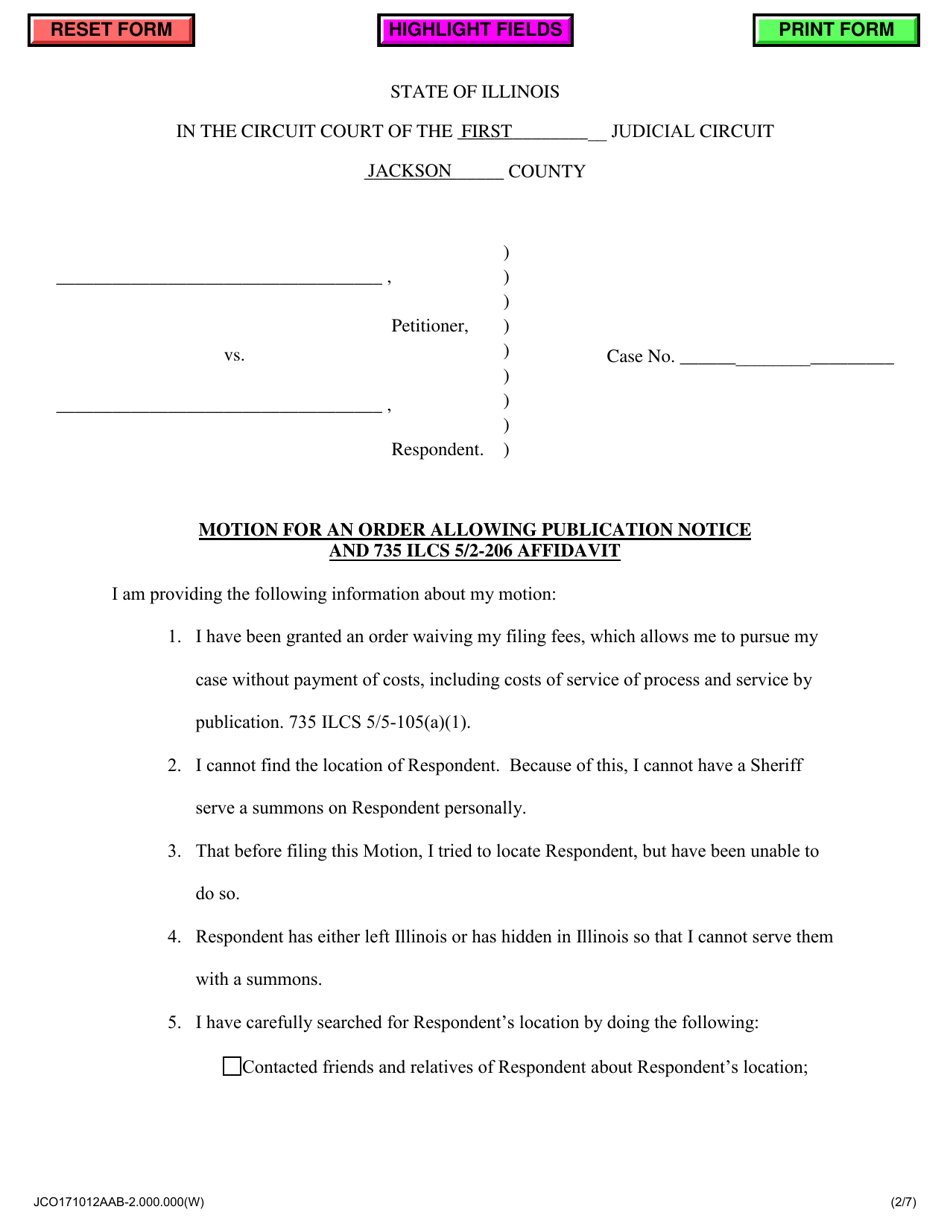 Jackson County Illinois Motion For An Order Allowing Publication   Motion For An Order Allowing Publication Notice And 735 Ilcs 5 2 206 Affidavit Jackson County Illinois Print Big 