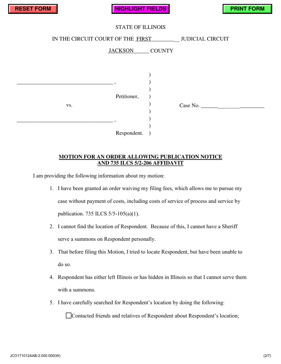 Motion for an Order Allowing Publication Notice and 735 Ilcs 5 / 2-206 Affidavit - Jackson County, Illinois, Page 1