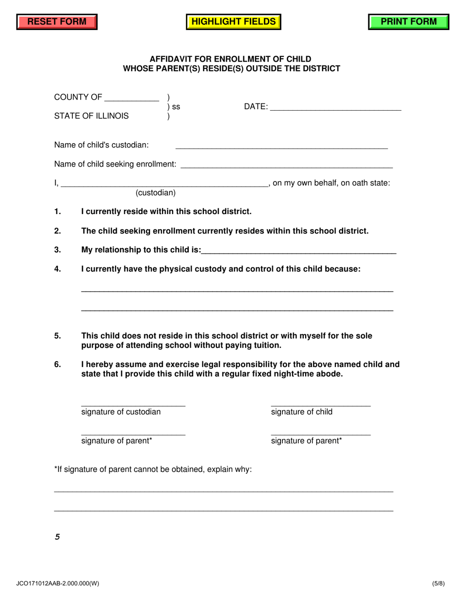 Affidavit for Enrollment of Child Whose Parent(S) Reside(S) Outside the District - Jackson County, Illinois, Page 5