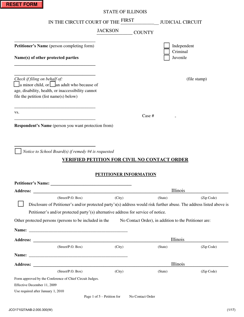 Verified Petition for Civil No Contact Order (Sexual Conduct and / or Penetration) - Jackson County, Illinois, Page 1
