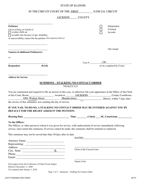 Summons - Stalking No Contact Order - Jackson County, Illinois Download Pdf