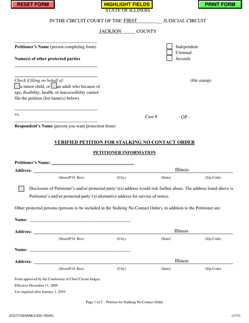 Verified Petition for Stalking No Contact Order - Jackson County, Illinois Download Pdf