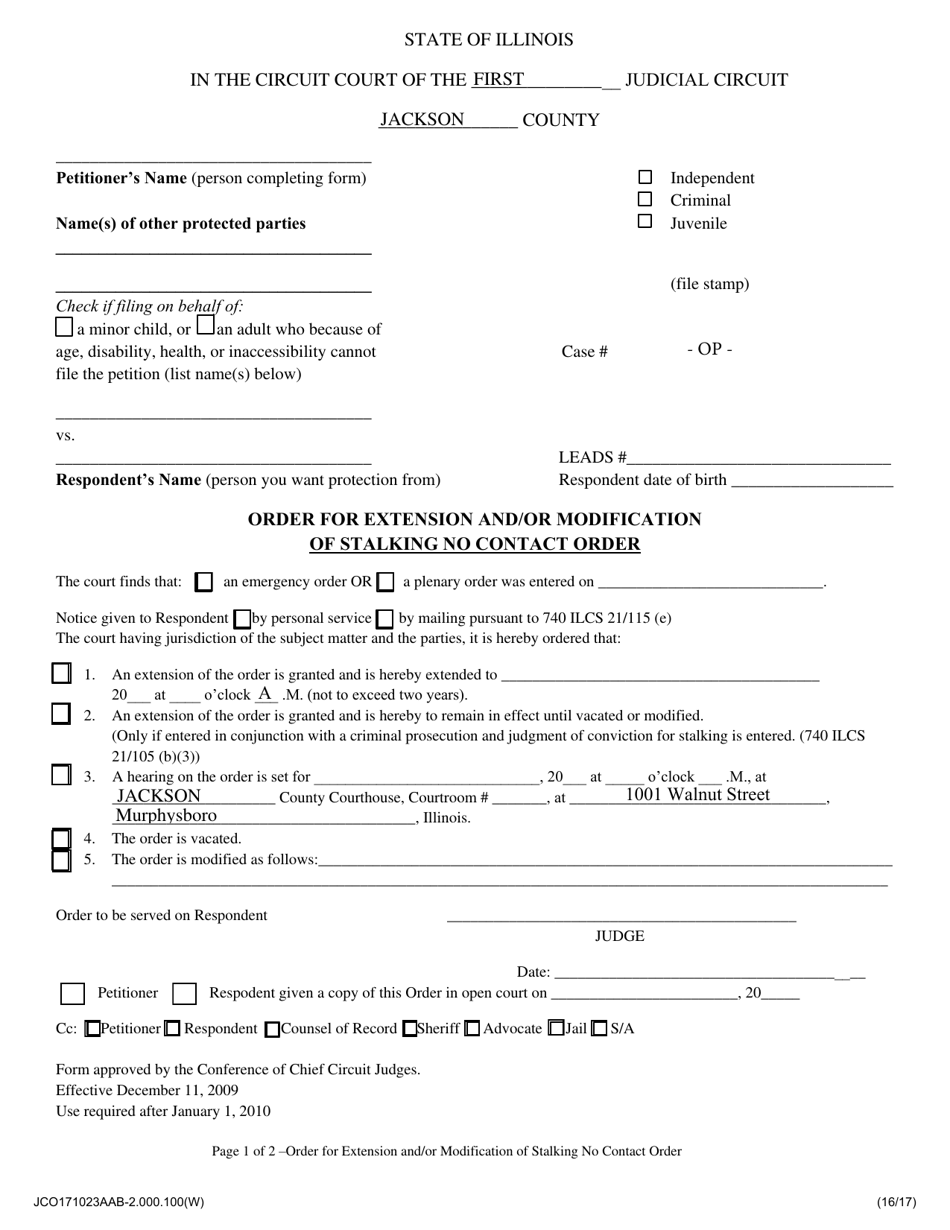 Order for Extension and / or Modification of Stalking No Contact Order - Jackson County, Illinois, Page 1