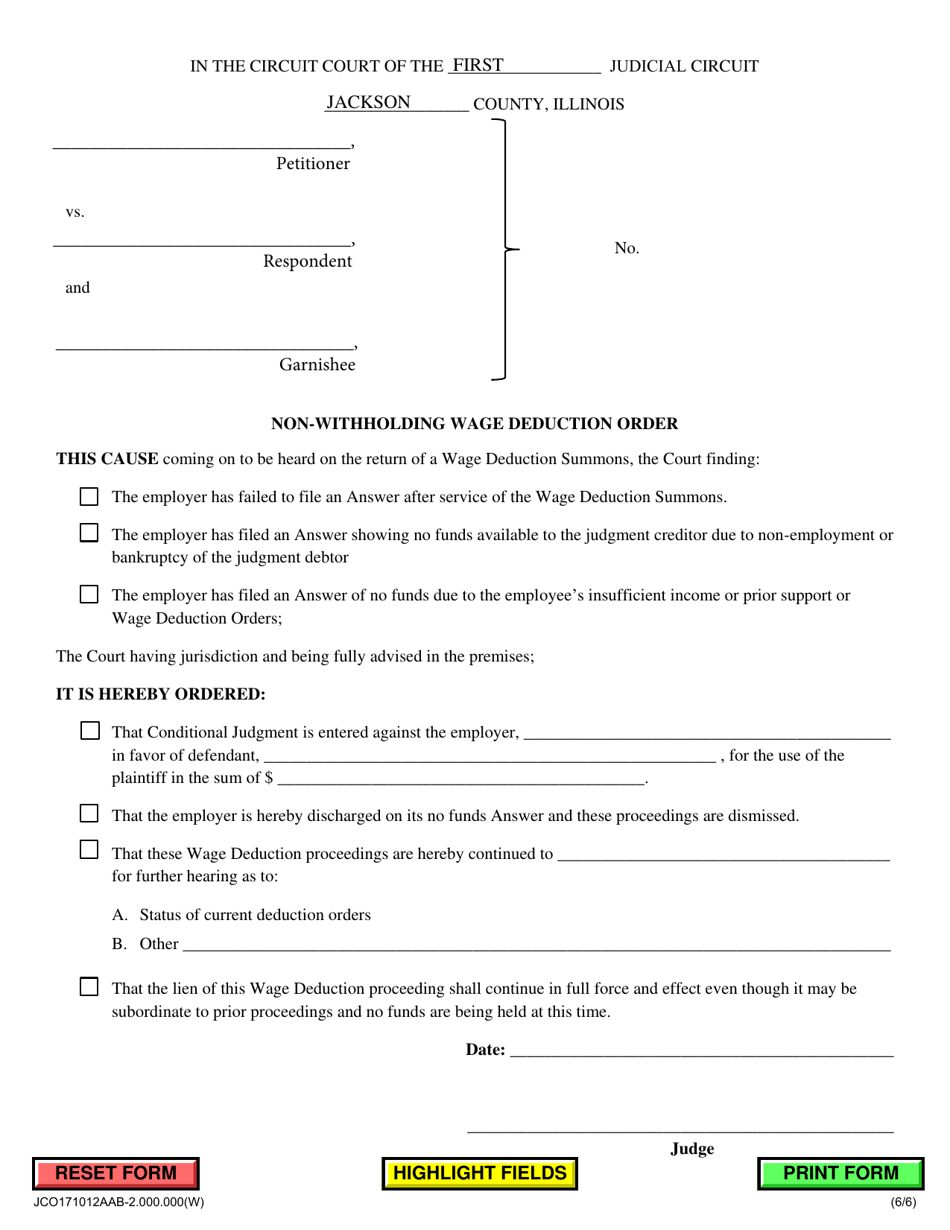 Jackson County, Illinois Nonwithholding Wage Deduction Order Fill