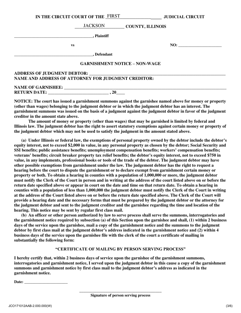 Jackson County, Illinois Garnishment Notice Nonwage Fill Out, Sign