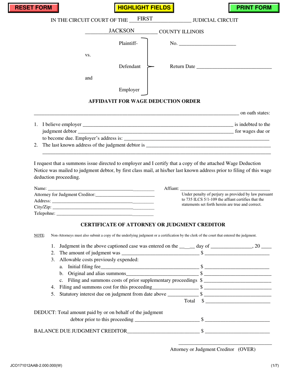 Jackson County, Illinois Affidavit for Wage Deduction Order - Fill Out ...