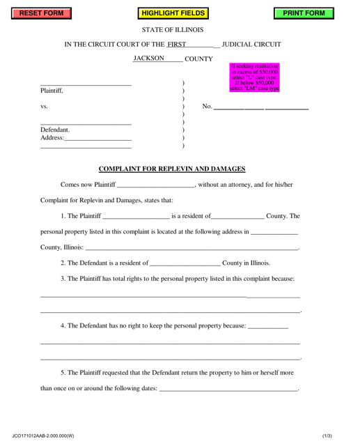 Complaint for Replevin and Damages - Jackson County, Illinois Download Pdf