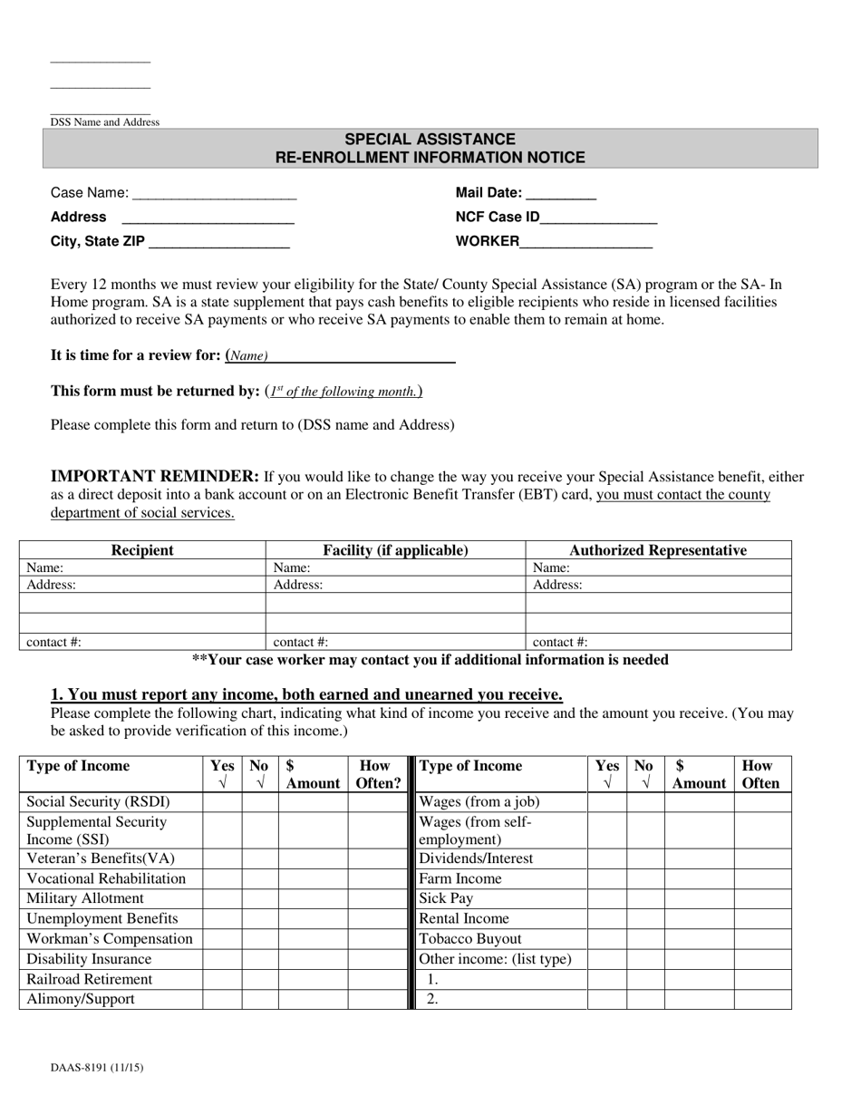 Form DAAS-8191 Special Assistance Re-enrollment Information Notice - North Carolina, Page 1