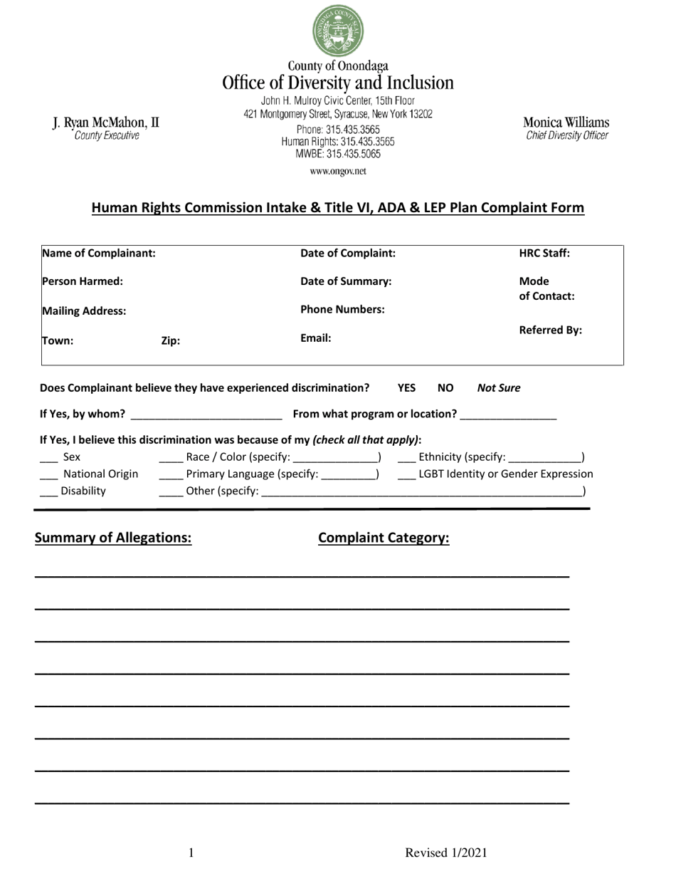 Human Rights Commission Intake  Title VI, Ada  Lep Plan Complaint Form - Onondaga County, New York, Page 1