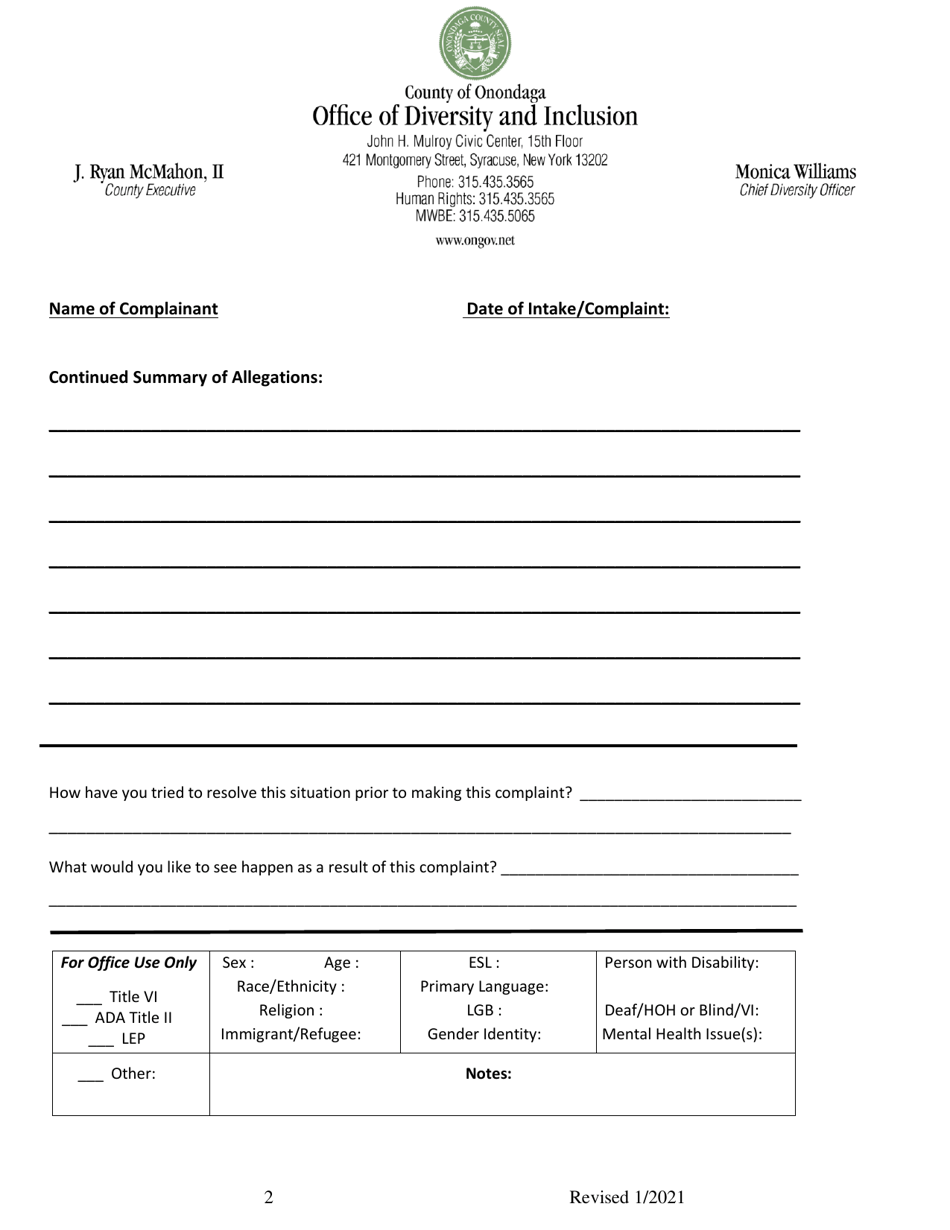 Human Rights Commission Intake  Title VI, Ada  Lep Plan Complaint Form - Onondaga County, New York, Page 2