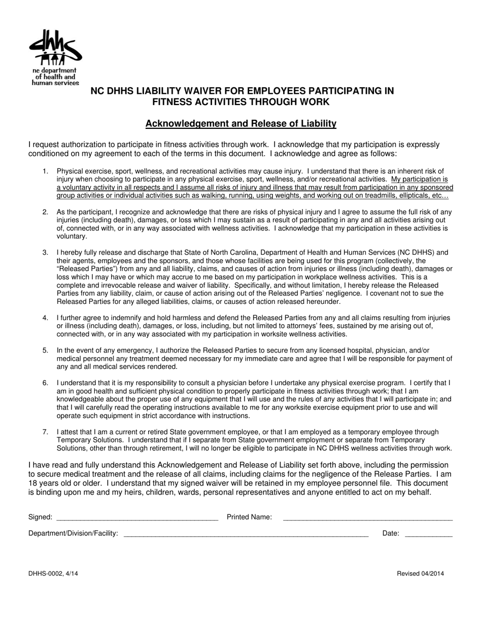 Form DHHS-0002 Liability Waiver for Employees Participating in Fitness Activities Through Work - North Carolina, Page 1