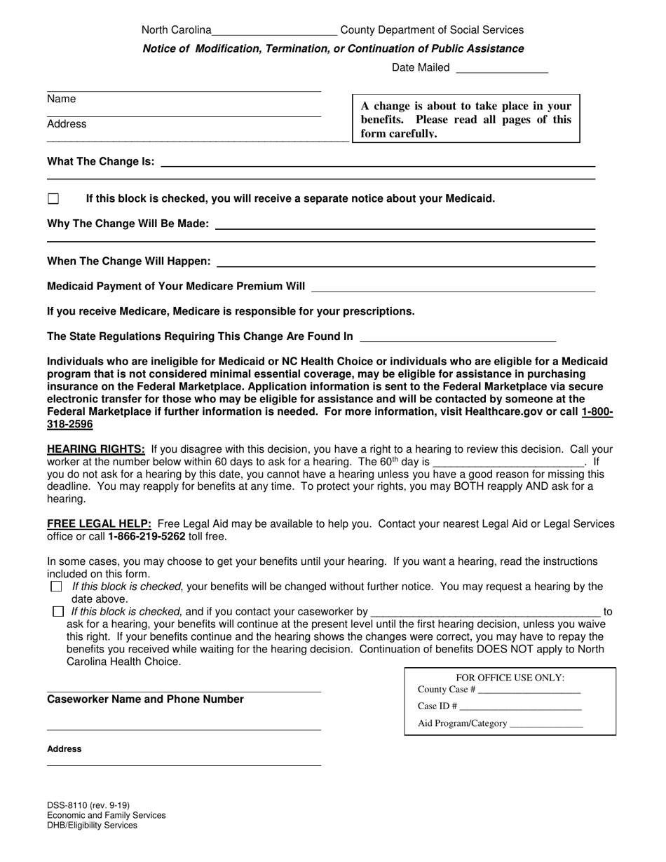 Form DSS-8110 Notice of Modification, Termination, or Continuation of Public Assistance - North Carolina, Page 1