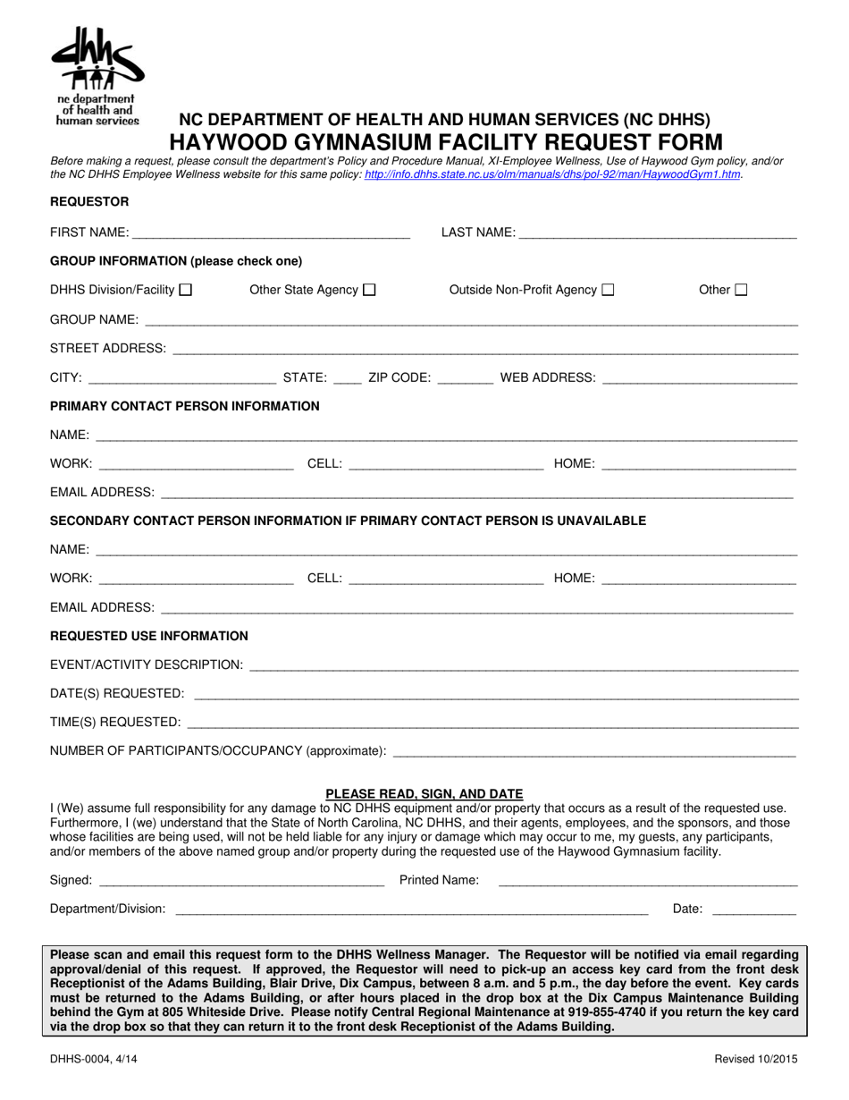 Form DHHS-0004 Haywood Gymnasium Facility Request Form - North Carolina, Page 1