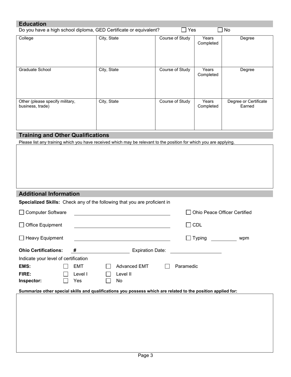 Employment Application - Butler Township, Ohio, Page 3
