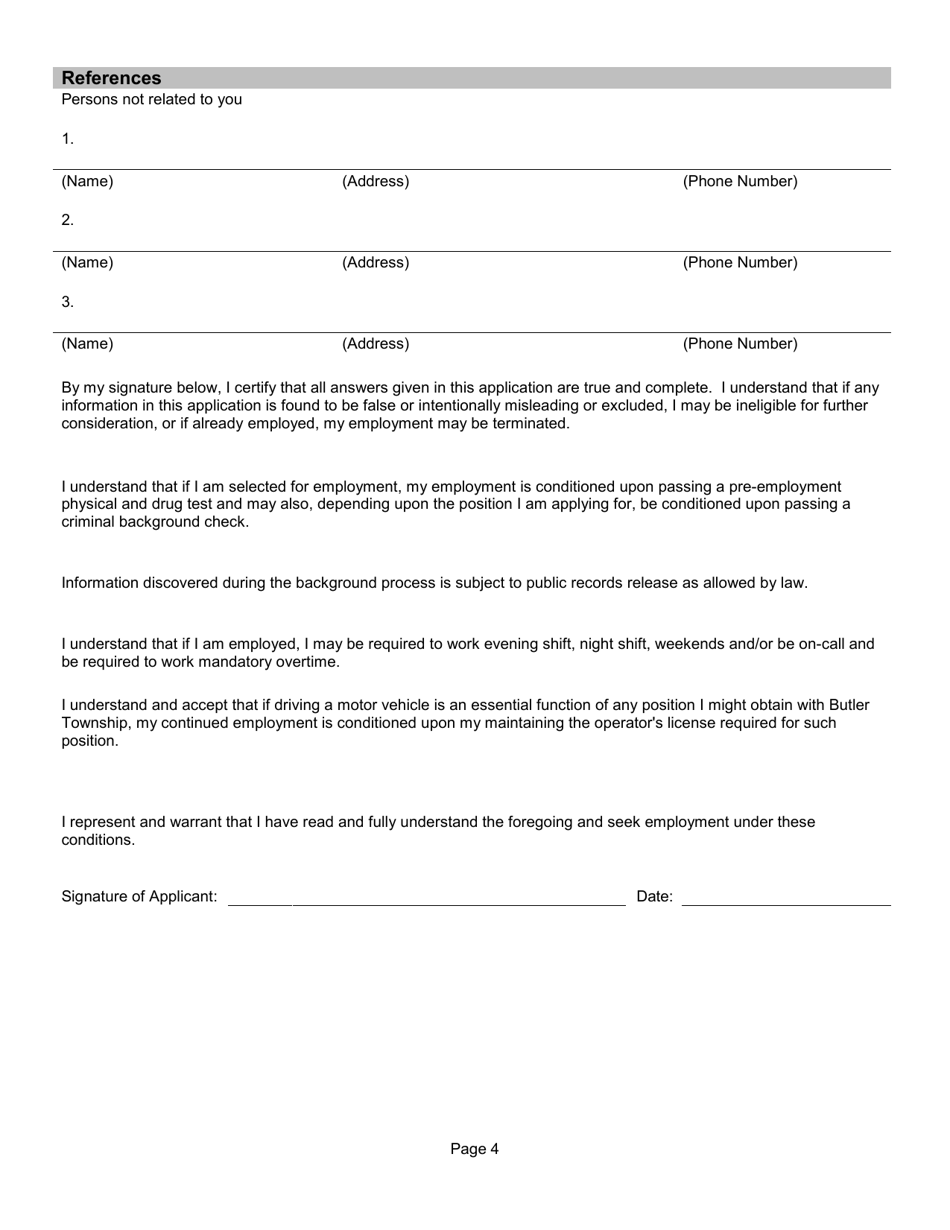 Employment Application - Butler Township, Ohio, Page 4