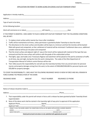 Document preview: Application for Permit to Work Along or Across a Butler Township Street - Butler Township, Ohio