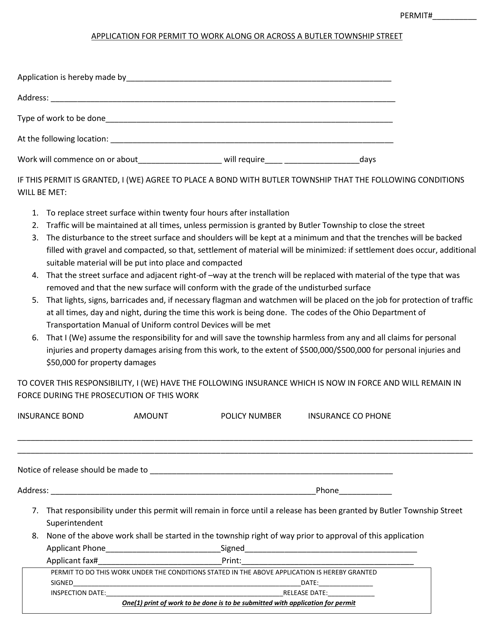 Application for Permit to Work Along or Across a Butler Township Street - Butler Township, Ohio