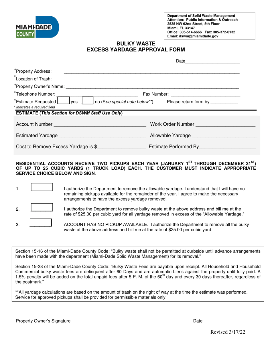 Bulky Waste Excess Yardage Approval Form - Miami-Dade County, Florida, Page 1