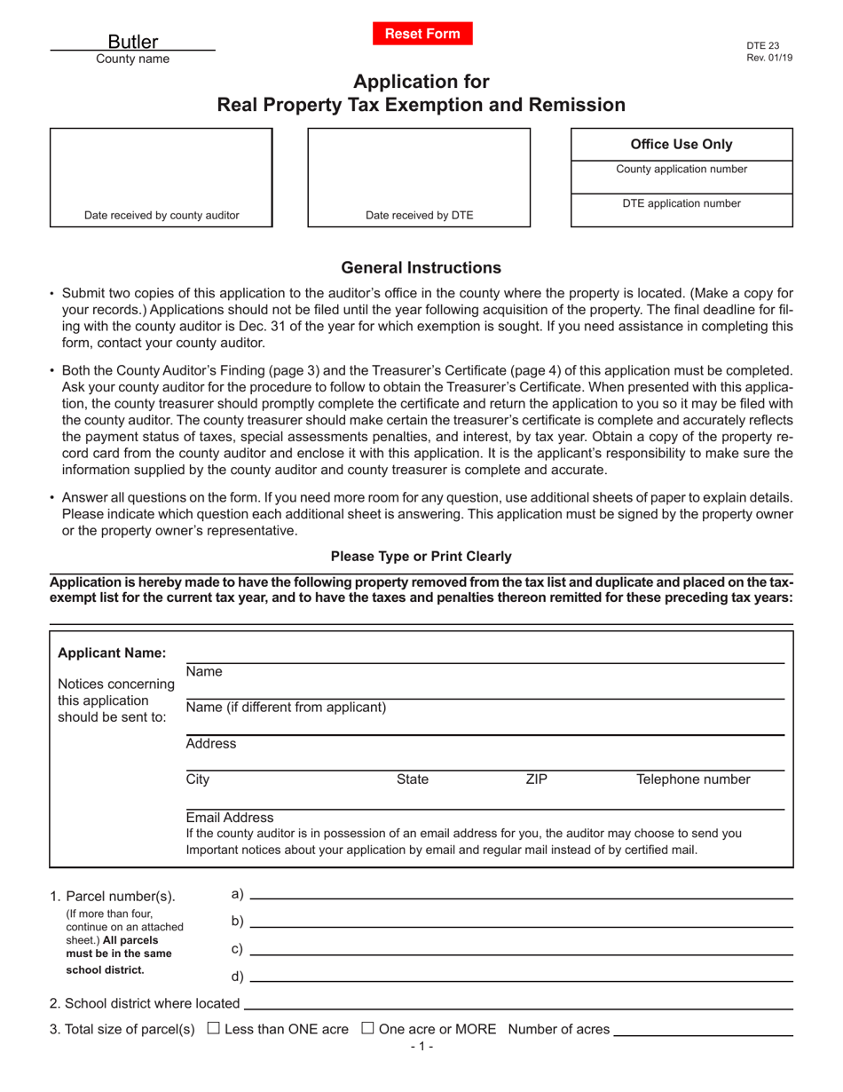 Form DTE23 Application for Real Property Tax Exemption and Remission - Butler County, Ohio, Page 1