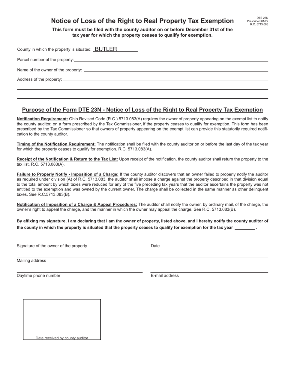 Form DTE23N Notice of Loss of the Right to Real Property Tax Exemption - Butler County, Ohio, Page 1