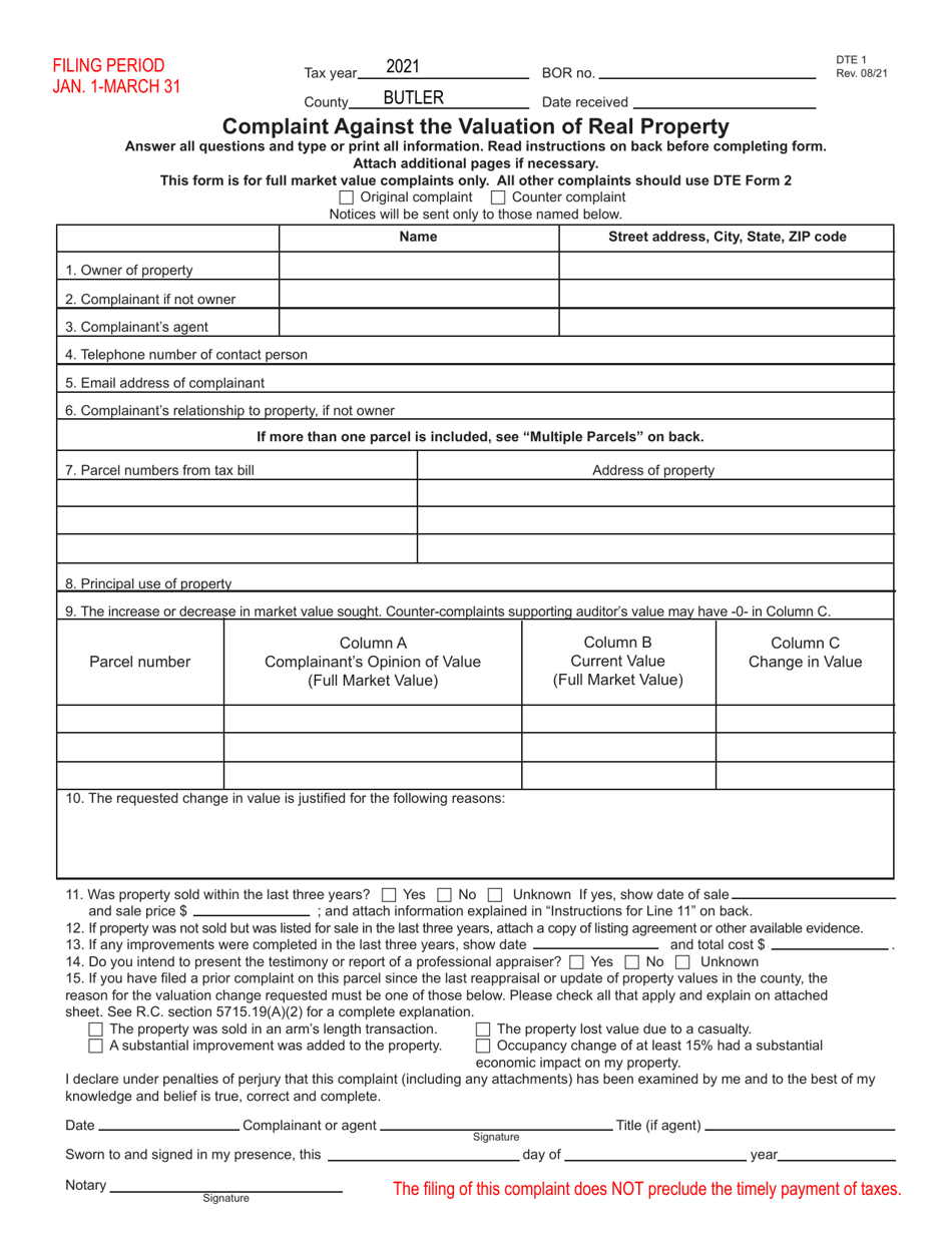 Form DTE1 Complaint Against the Valuation of Real Property - Butler County, Ohio, Page 2