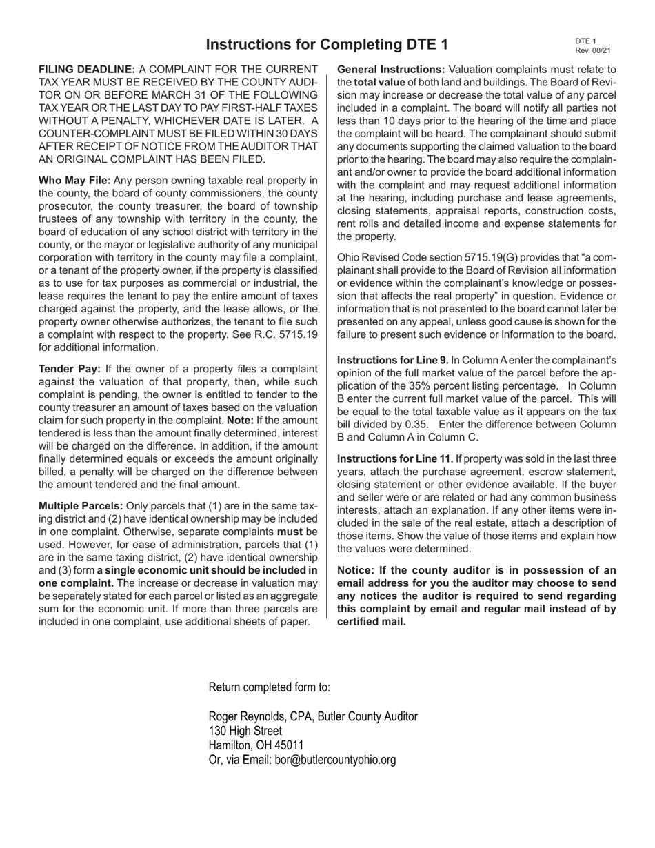 Form DTE1 Complaint Against the Valuation of Real Property - Butler County, Ohio, Page 3