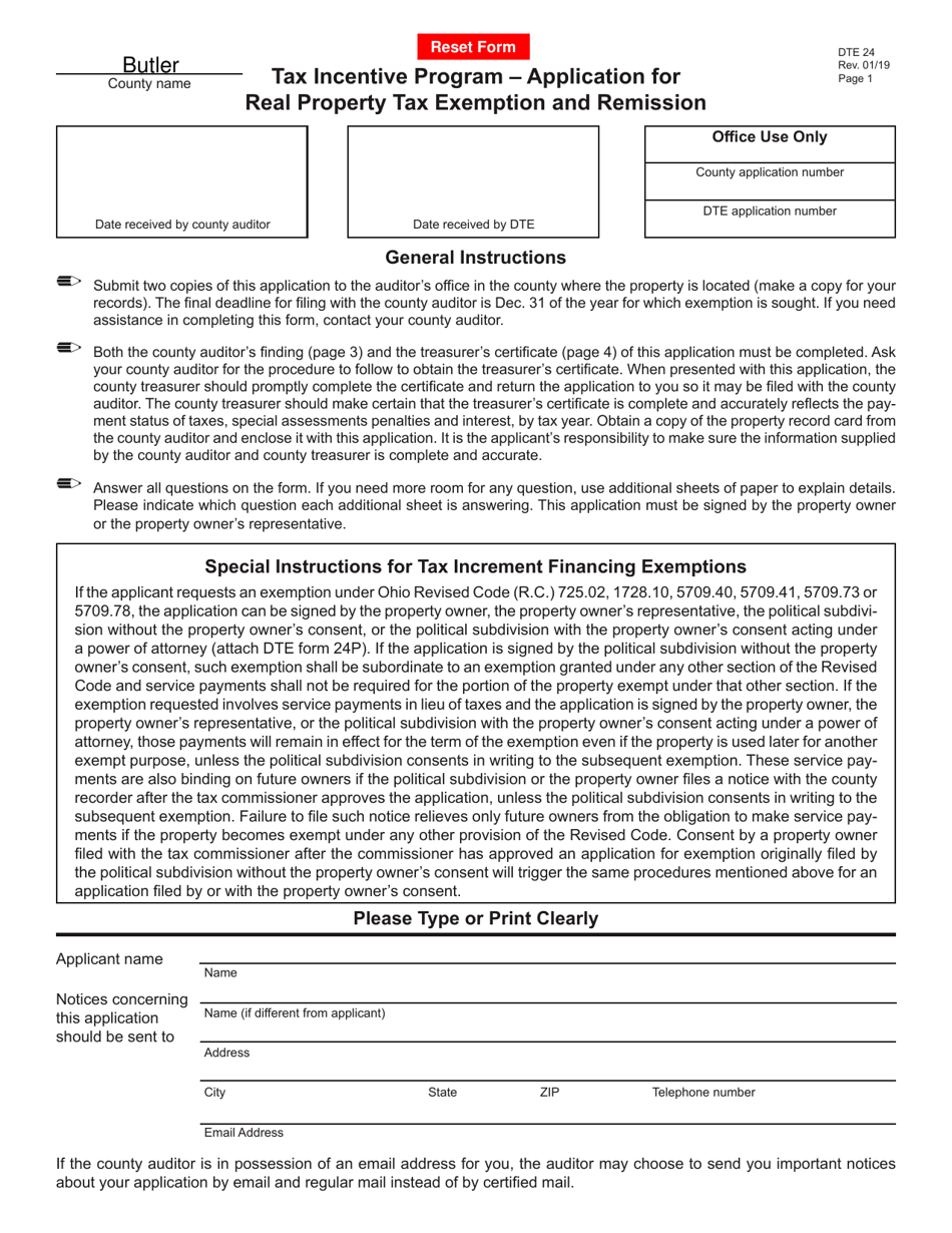 Form DTE24 Application for Real Property Tax Exemption and Remission - Tax Incentive Program - Butler County, Ohio, Page 1