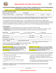 Form DTE105A Homestead Exemption Application for Senior Citizens, Disabled Persons and Surviving Spouses - Butler County, Ohio