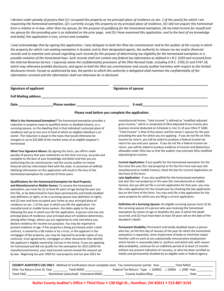 Form DTE105A Homestead Exemption Application for Senior Citizens, Disabled Persons and Surviving Spouses - Butler County, Ohio, Page 2