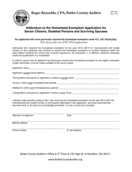 Form DTE105G &quot;Addendum to the Homestead Exemption Application for Senior Citizens, Disabled Persons and Surviving Spouses for Applicants Who Have Previously Received the Homestead Exemption Under R.c. 323.152(A)(2)(B)&quot; - Butler County, Ohio