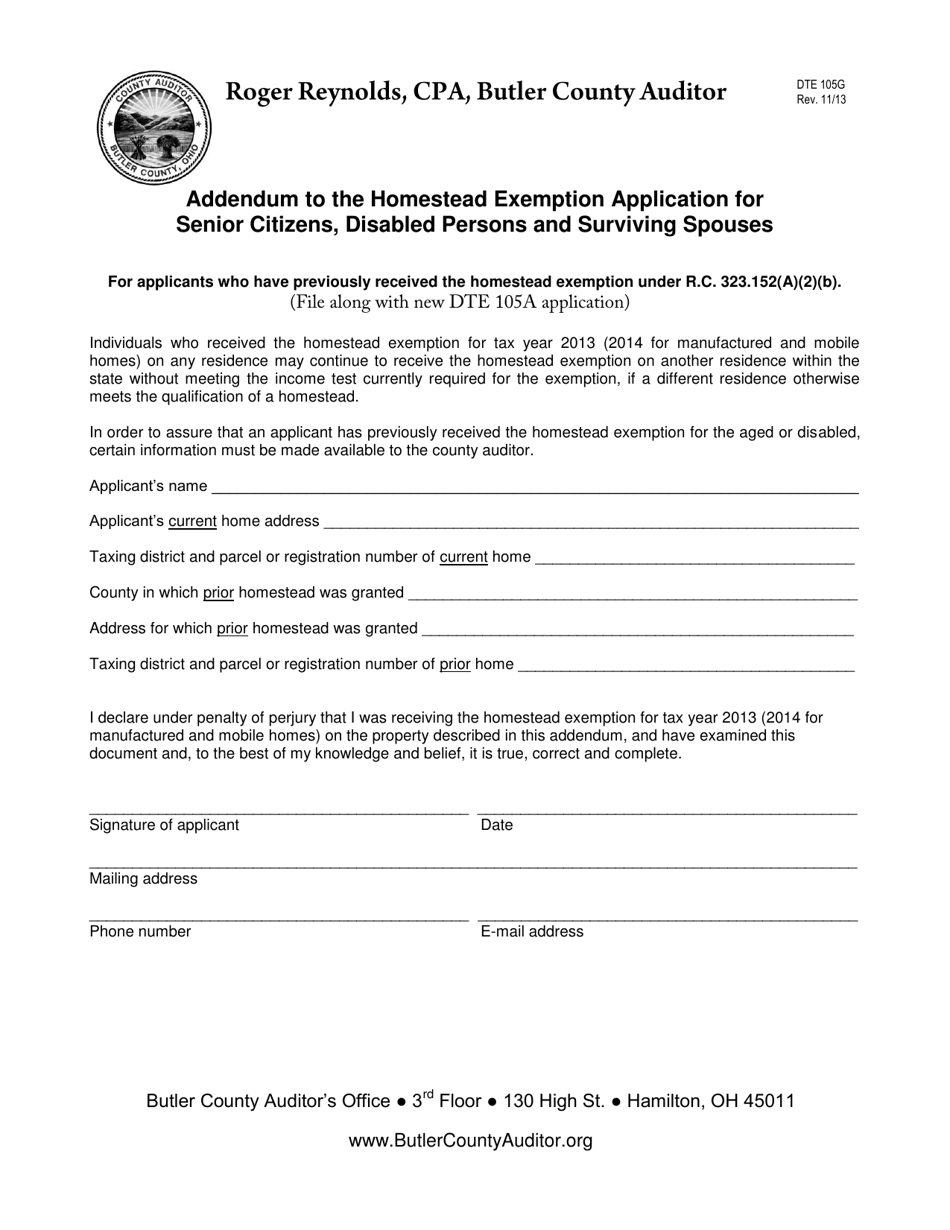 Form DTE105G Addendum to the Homestead Exemption Application for Senior Citizens, Disabled Persons and Surviving Spouses for Applicants Who Have Previously Received the Homestead Exemption Under R.c. 323.152(A)(2)(B) - Butler County, Ohio, Page 1